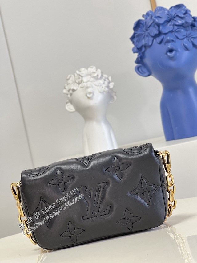 LV專櫃2023新款Wallet on Strap手袋 M81398黑 路易威登Bubblegram系列牛皮壓花鏈條肩背包 dn1208